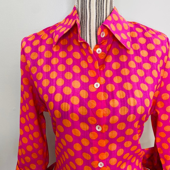 Farinaz Taghavi Polka Dot Tie Front Button Down Tunic Women 12 Maximalist Resort - Picture 8 of 11